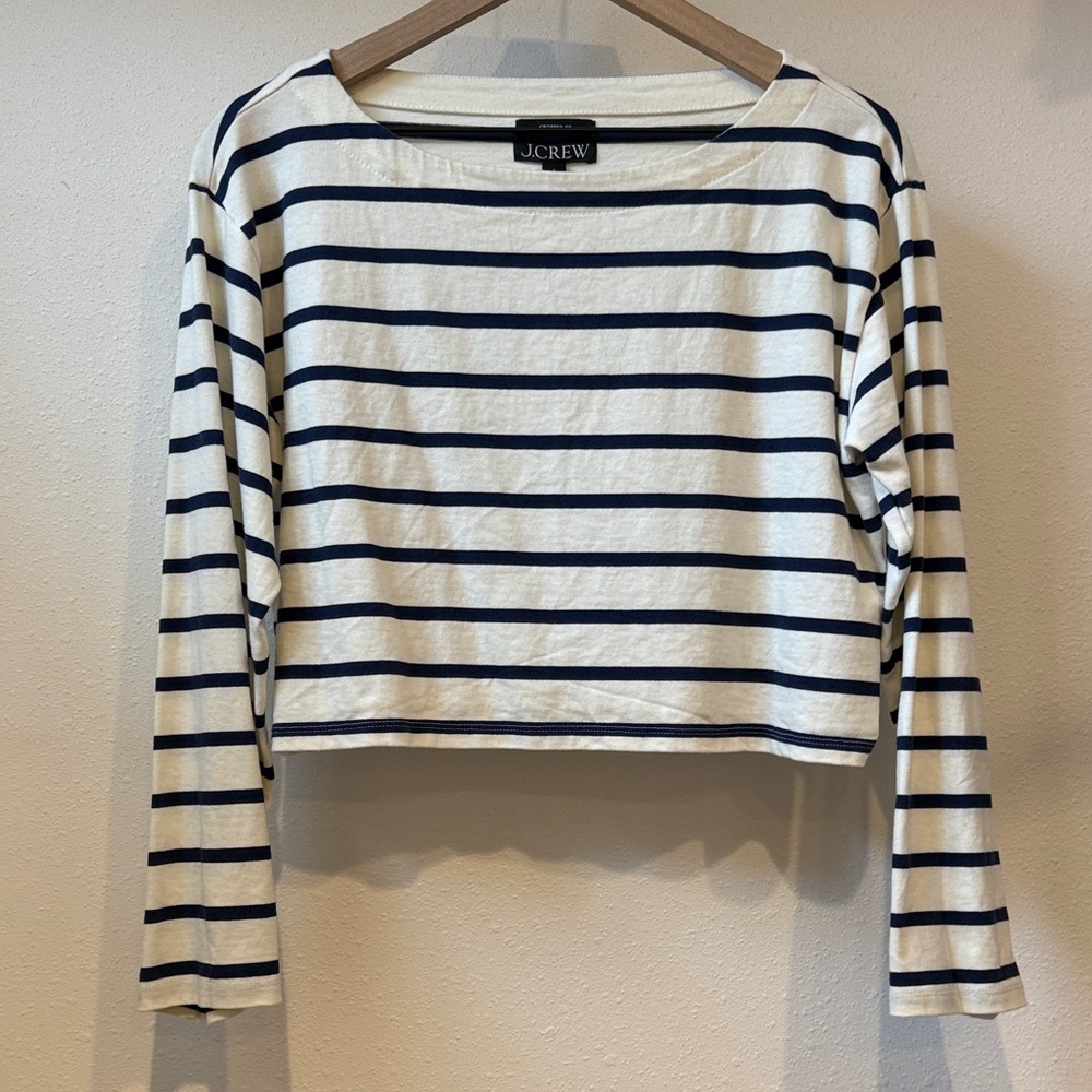 J. Crew White and Navy Striped Long Sleeve Tee